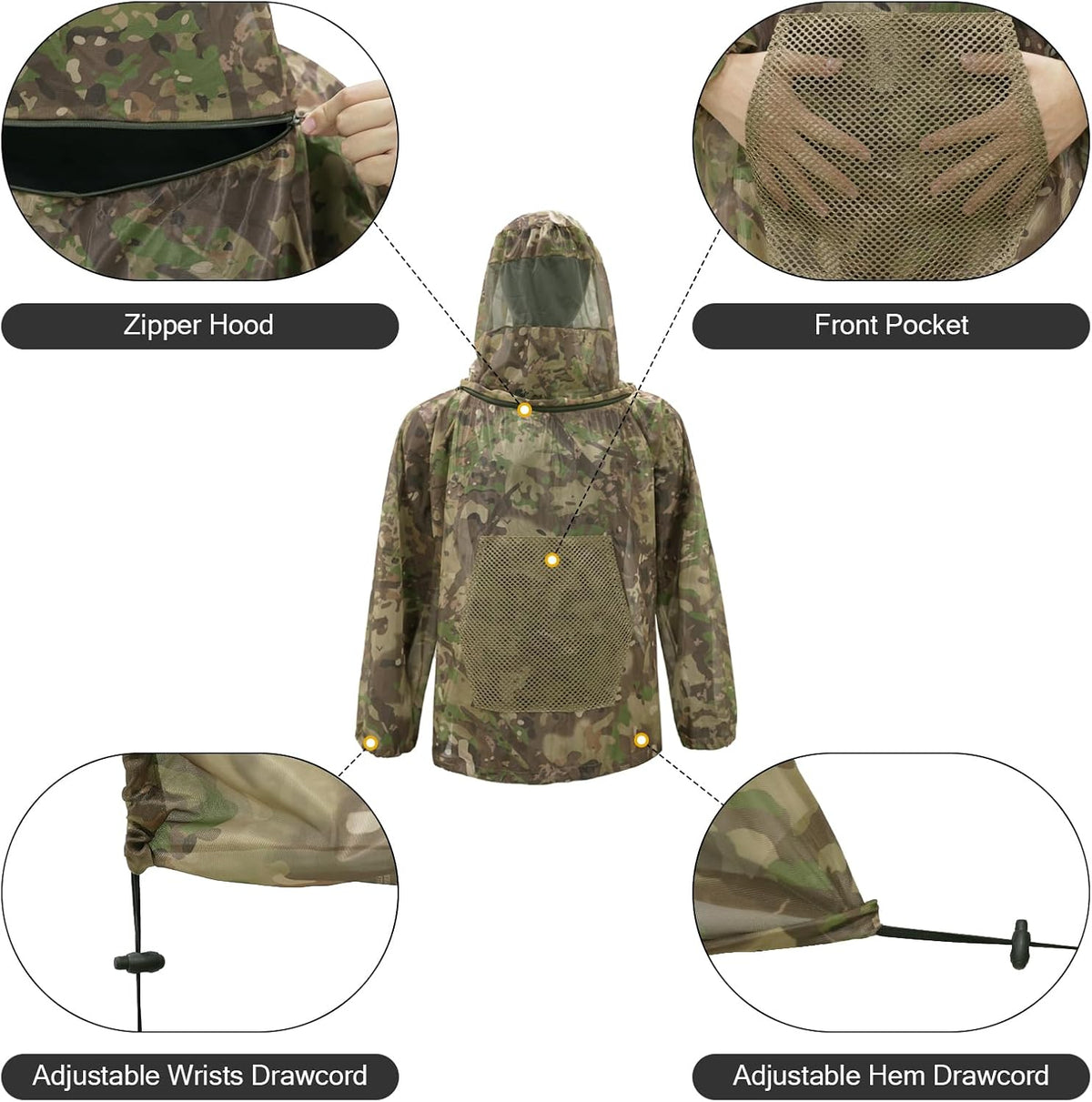 Mosquito Netting Suit Bug Net Mesh Clothing with Hood Outdoor Garden Hunting Camo Protection from Fly Insects Bugs