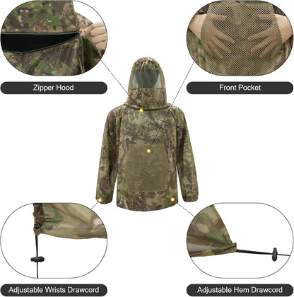 Mosquito Netting Suit Bug Net Mesh Clothing with Hood Outdoor Garden Hunting Camo Protection from Fly Insects Bugs
