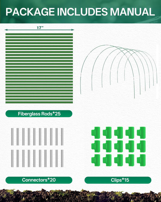 Breeze Touch 25PCS Garden Hoops for Raised Beds, PVC-Coated Greenhouse Hoops for Row Cover & Frost Protection, Rust-Free Garden Tunnel Hoops Kit with Clips, Plant Support for 3.5ft - 4ft Wide Beds