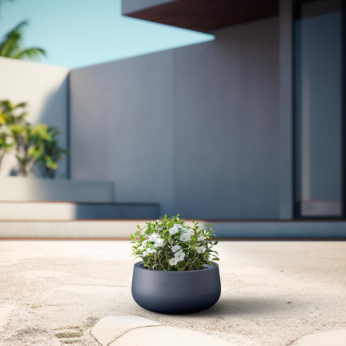 Kante 15.7" Dia Round Concrete Planter, Outdoor Indoor Garden Plant Pots with Drainage Hole and Rubber Plug, Modern Curvaceous Design, Slate Gray