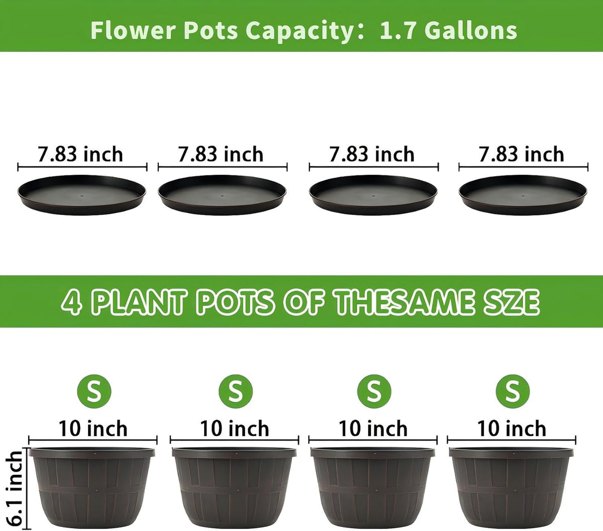 Quarut 14 Inch Plastic-Flower-Pot-for-Indoor-Plants, 4 Pack Large Outdoor Planter Pot with Drainage Holes & Saucers, Resin Decorative Garden Pots Planters（Brown）