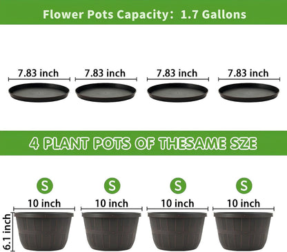 Quarut 14 Inch Plastic-Flower-Pot-for-Indoor-Plants, 4 Pack Large Outdoor Planter Pot with Drainage Holes & Saucers, Resin Decorative Garden Pots Planters（Brown）