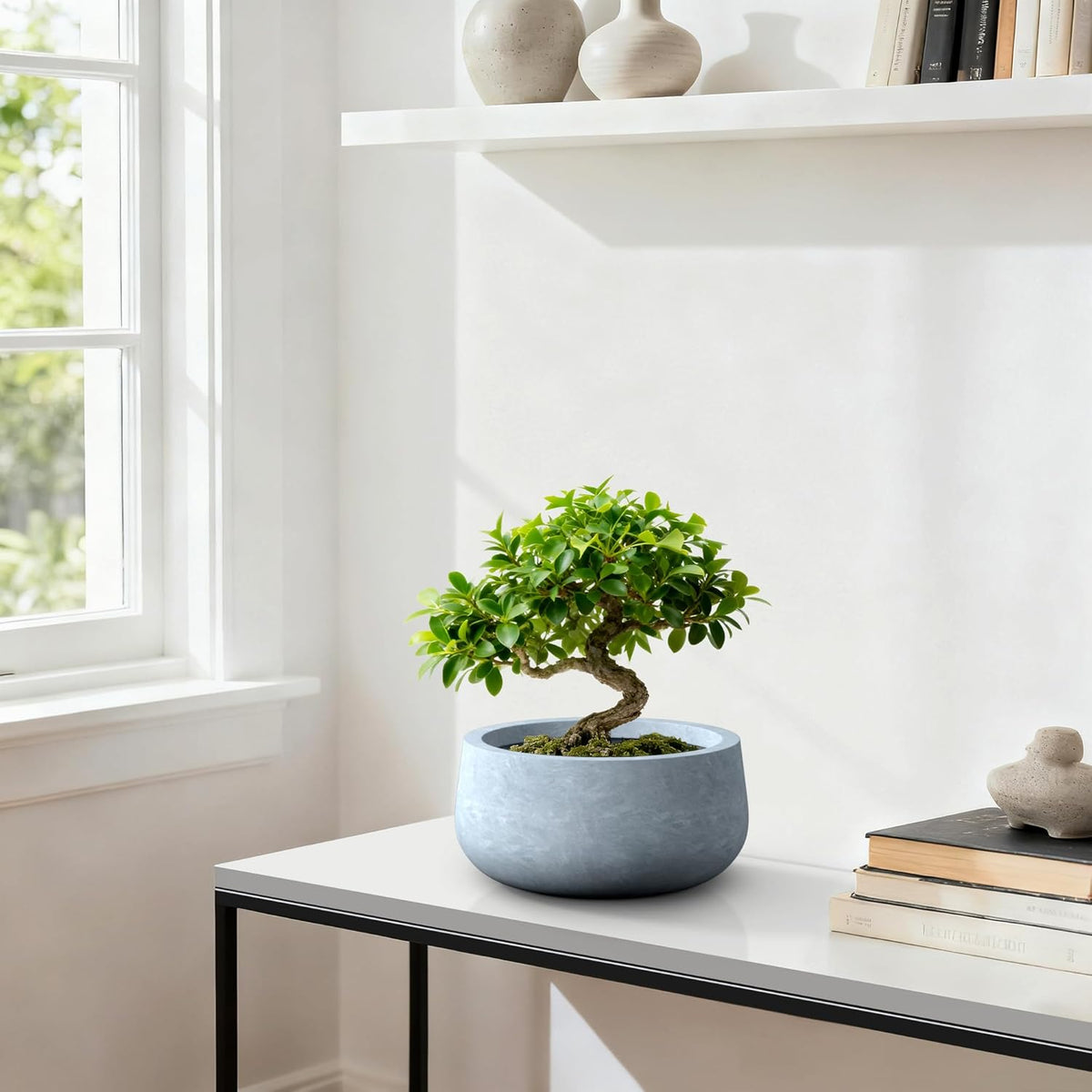 Kante 15.7" Dia Round Concrete Planter, Outdoor Indoor Garden Plant Pots with Drainage Hole and Rubber Plug, Modern Curvaceous Design, Slate Gray