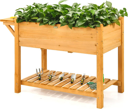 Giantex Wood Raised Garden Bed w/Folding Drop-Leaf Potting Table, Planter Box for Flower Herb Vegetable Fruit, Indoor Outdoor Elevated Raised Beds for Gardening, Backyard, Patio, Balcony