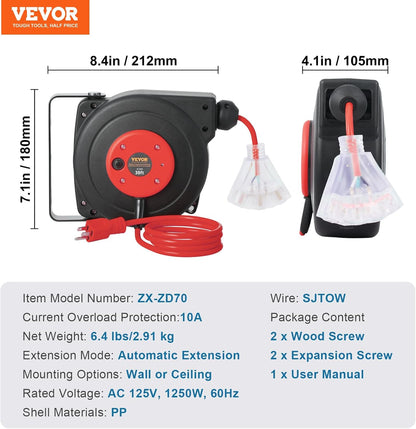 65FT Retractable Extension Cord Reel, Heavy Duty 12AWG/3C SJTOW Cord