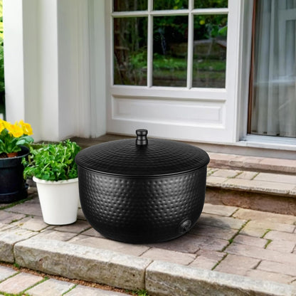 Monarch Abode Garden Hose Holder with Lid – Decorative Water Hose Holders for Outside, Hand Hammered Metal Matte Black Pot with Drainage, 100ft Waterhose Holder for Outside, Garden Storage Caddy