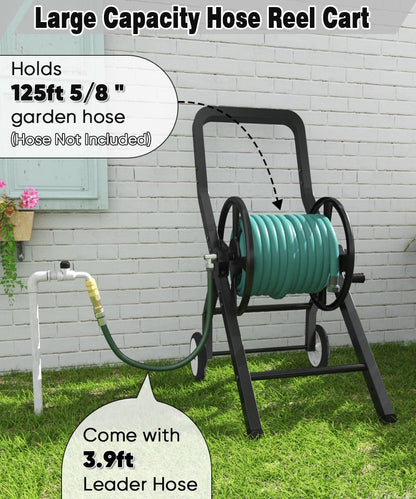 Artigarden Garden Hose Reel Cart with Wheels, Outdoor Heavy Duty Powder-coated Steel Water Storage Winder Holder, Holds 125 ft of 5/8’’ Hose with 3.9 Ft Leader Hose for Outside Lawn Yard, Black