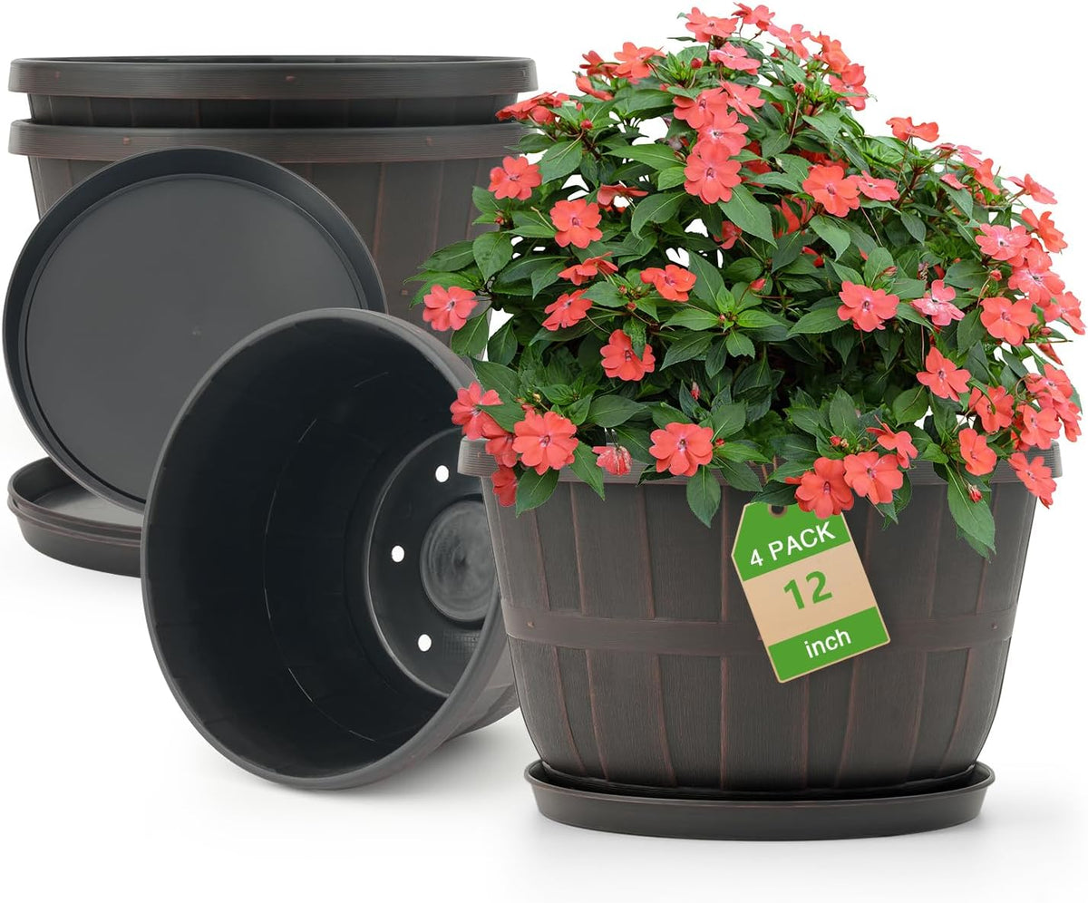 Quarut 14 Inch Plastic-Flower-Pot-for-Indoor-Plants, 4 Pack Large Outdoor Planter Pot with Drainage Holes & Saucers, Resin Decorative Garden Pots Planters（Brown）