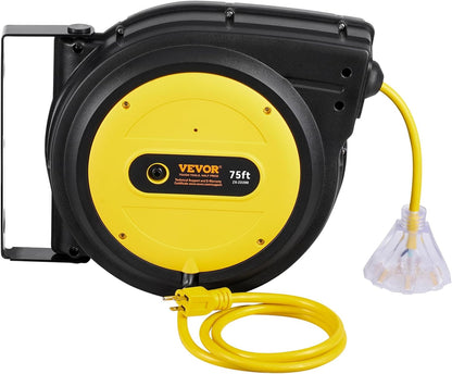 65FT Retractable Extension Cord Reel, Heavy Duty 12AWG/3C SJTOW Cord