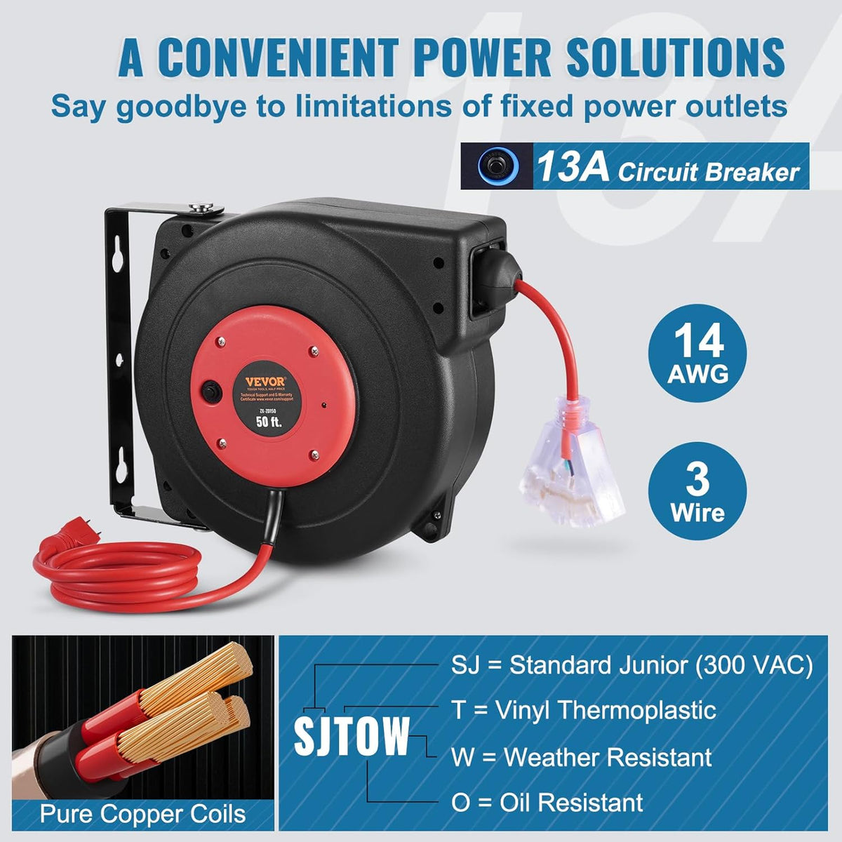 65FT Retractable Extension Cord Reel, Heavy Duty 12AWG/3C SJTOW Cord