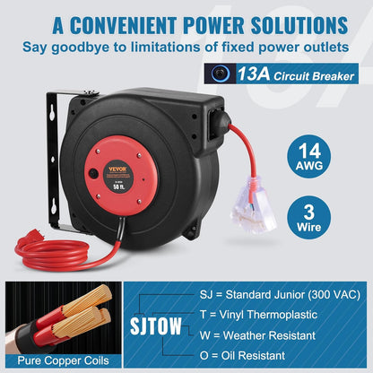 65FT Retractable Extension Cord Reel, Heavy Duty 12AWG/3C SJTOW Cord