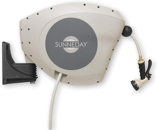Sunneday 82ft Retractable Hose Reel 1/2 | Automatic Retractable Hose Reel w/Wall Mount | Easy to Assemble Water Hose Reel w/Flexible Swivel Mount | Retractable Garden Hose Reel (85ft. Tan/Gray)