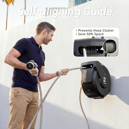 Retractable Garden Hose Reel, 1/2 inch x 50ft Wall Mounted Heavy Duty Hose Reel with Auto Rewind System, 180° Swivel Bracket, Any Length Lock, 10-Pattern Garden Hose Nozzle