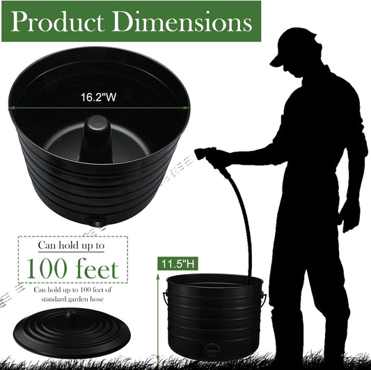 FillTouch Garden Hose Pot with Lid and Handle, Matte Black Ribbed Steel Garden Hose Holder Water Hose Storage Container for Outside Backyard Patio, Holds 100ft Hose