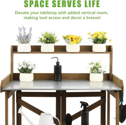 PetsCosset Folding Garden Potting Bench Table，Outdoor Wooden Work Station W/Metal Table Top,2 Tier Open Storage Rack,Top Shelf-Natural Stained