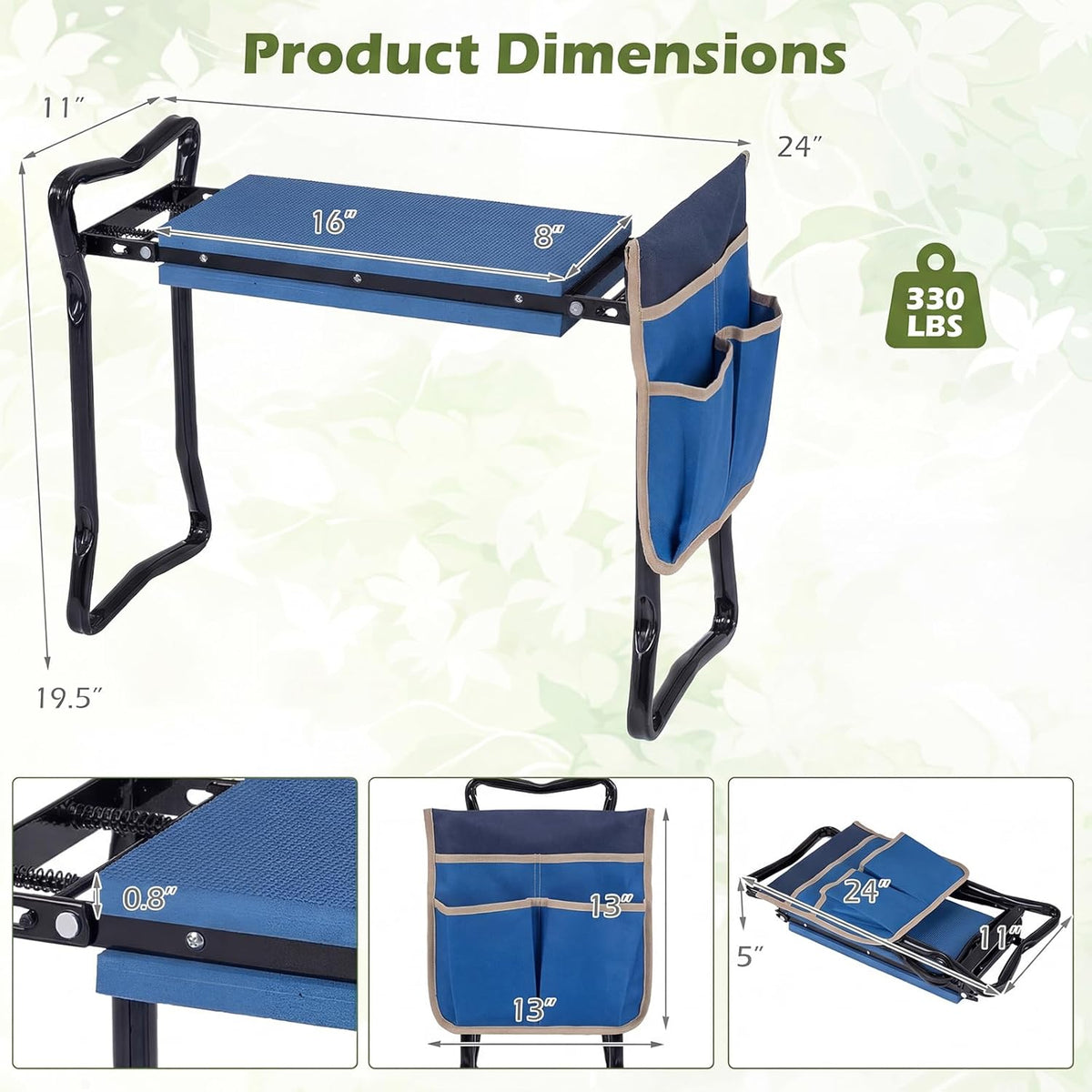 2-in-1 Garden Kneeler & Seat, Folding Seat w/EVA Foam Kneeling Pad & Removable Tools Pouch, Sturdy Steel Frame, No Assembly, Portable Heavy Duty Garden Stool for Women & Men