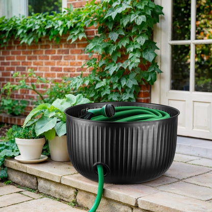 Monarch Abode Garden Hose Holder with Lid – Decorative Water Hose Holders for Outside, Ridge Embossed Metal Matte Black Pot with Drainage, 100ft Waterhose Holder for Outside, Garden Storage Caddy