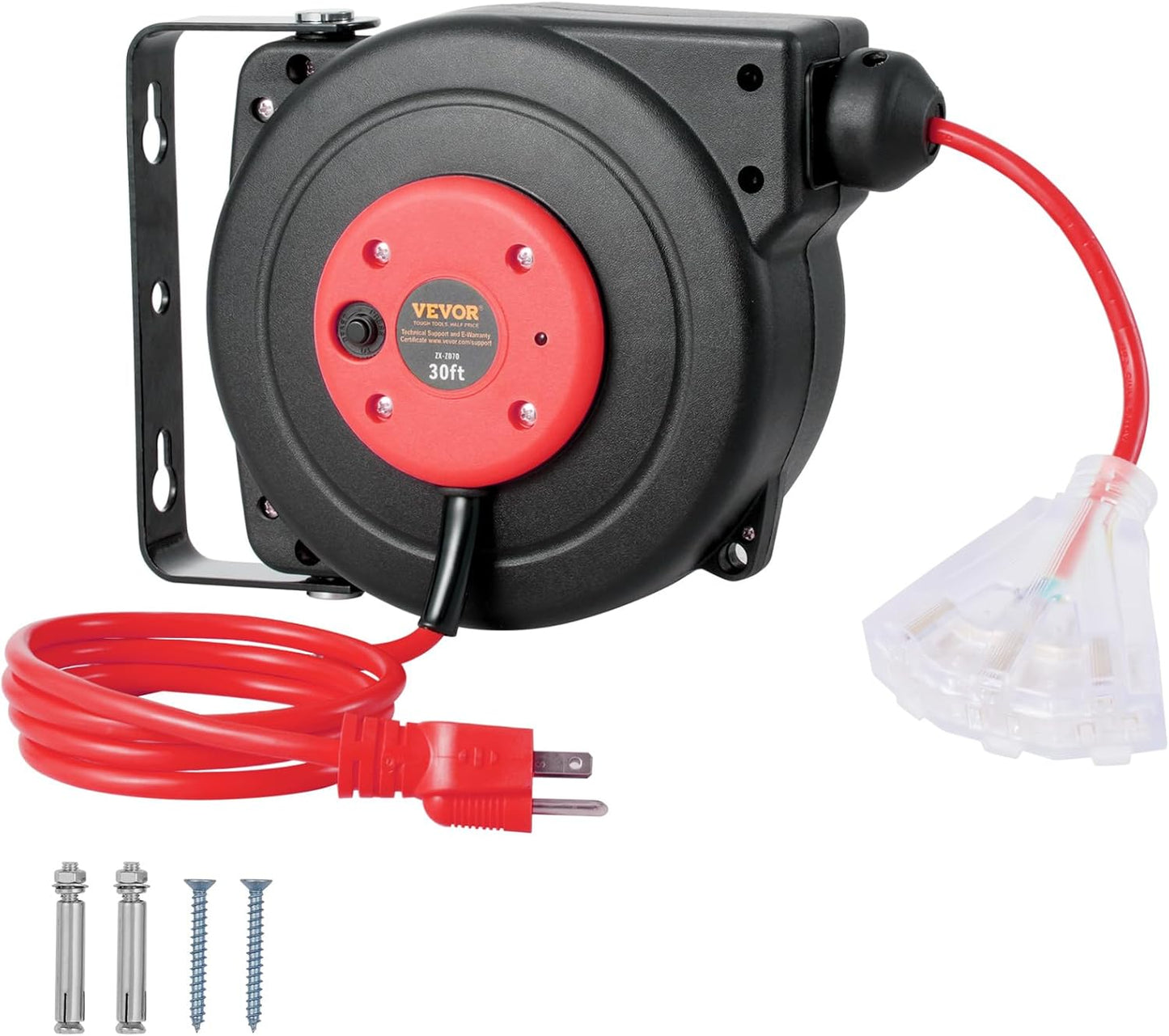 65FT Retractable Extension Cord Reel, Heavy Duty 12AWG/3C SJTOW Cord