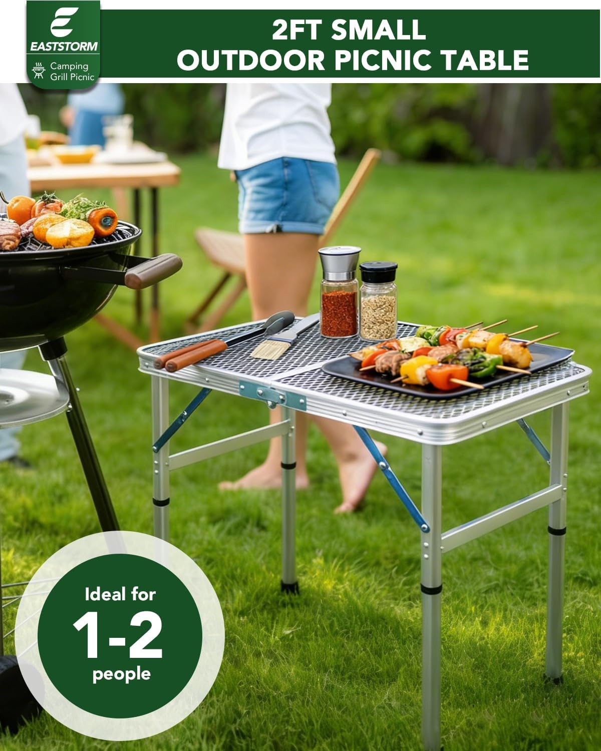 2Ft Small Folding Table with Carry Handle, Camping Table Adjustable Height 10.6–22 in, Black Metal Mesh, Portable & Compact for Outdoor/Indoor,Grill Table, 23.6×15.8 in, 4 lb, 66 lb Capacity