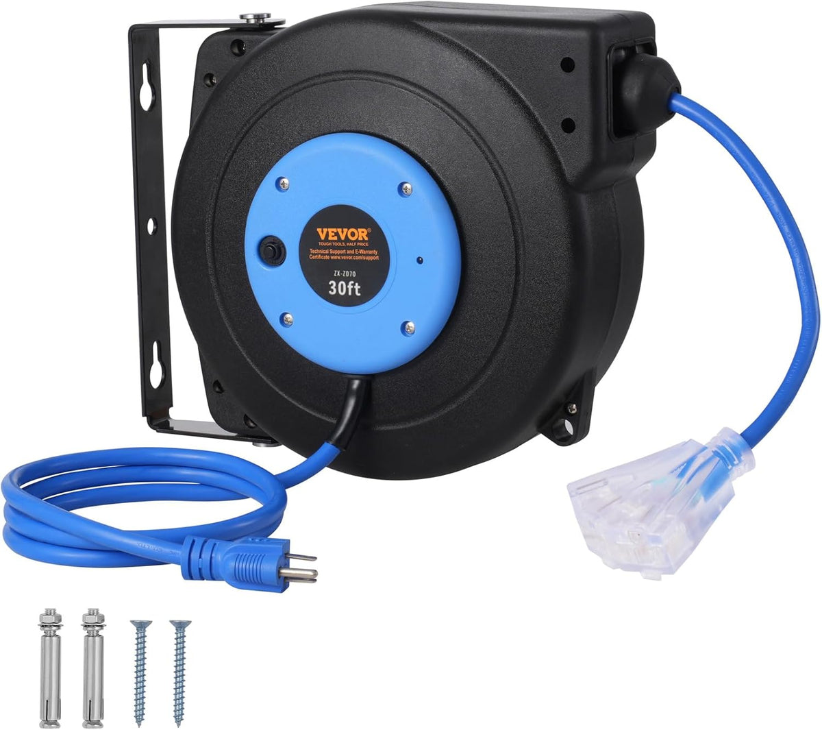 65FT Retractable Extension Cord Reel, Heavy Duty 12AWG/3C SJTOW Cord