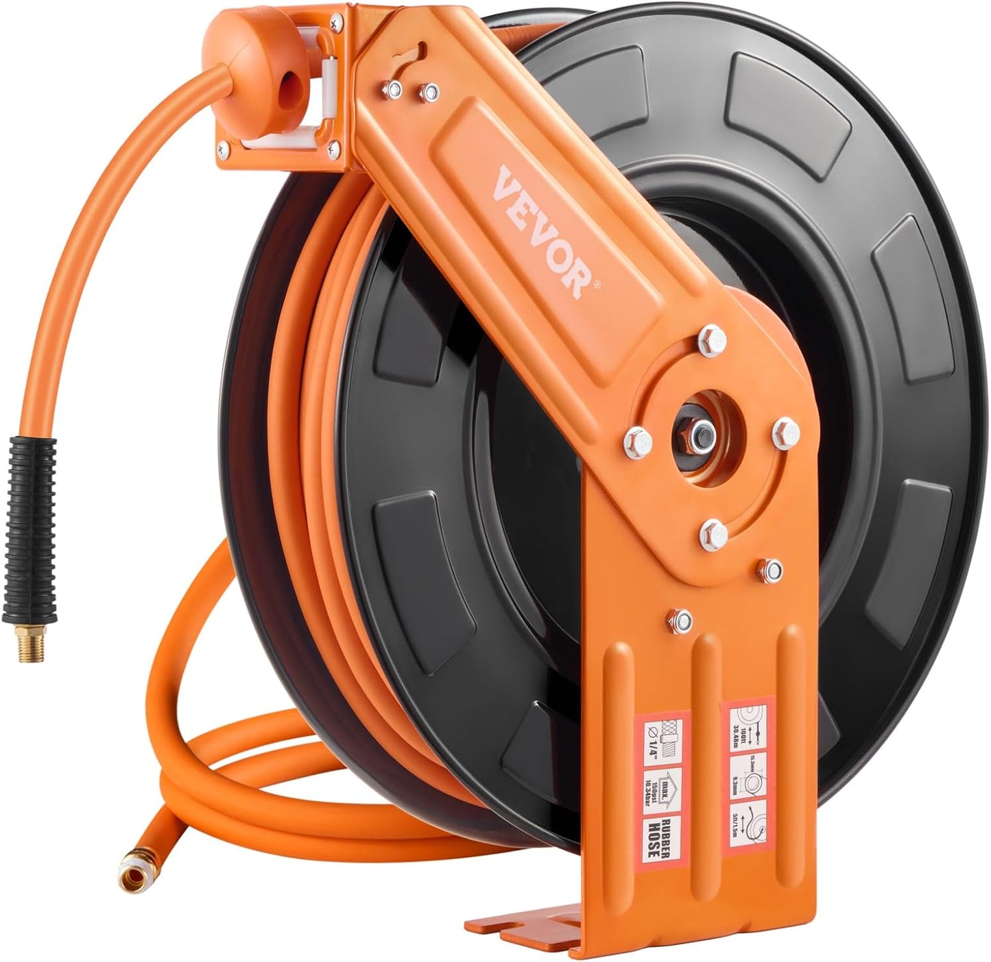 VEVOR Retractable Air Hose Reel, 3/8IN x 100FT Rubber Air Hose Max 300PSI, Air Compressor Hose Reel Auto-Rewind with 5FT Lead in, Ceiling/Wall Mount Heavy Duty Single Arm Steel Reel, 1/4" NPT Fitting