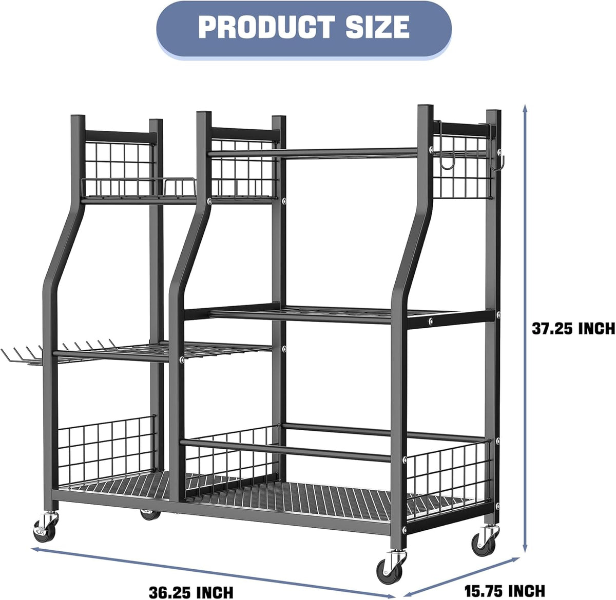 WALMANN Garden Tool Organizer with Wheels for Garage, Large Storage Capacity, Rakes/Shovels/Yard Tools Storage Stand for Shed, Garden, Indoor/Outdoor Long-Handled Tools Rolling Cart