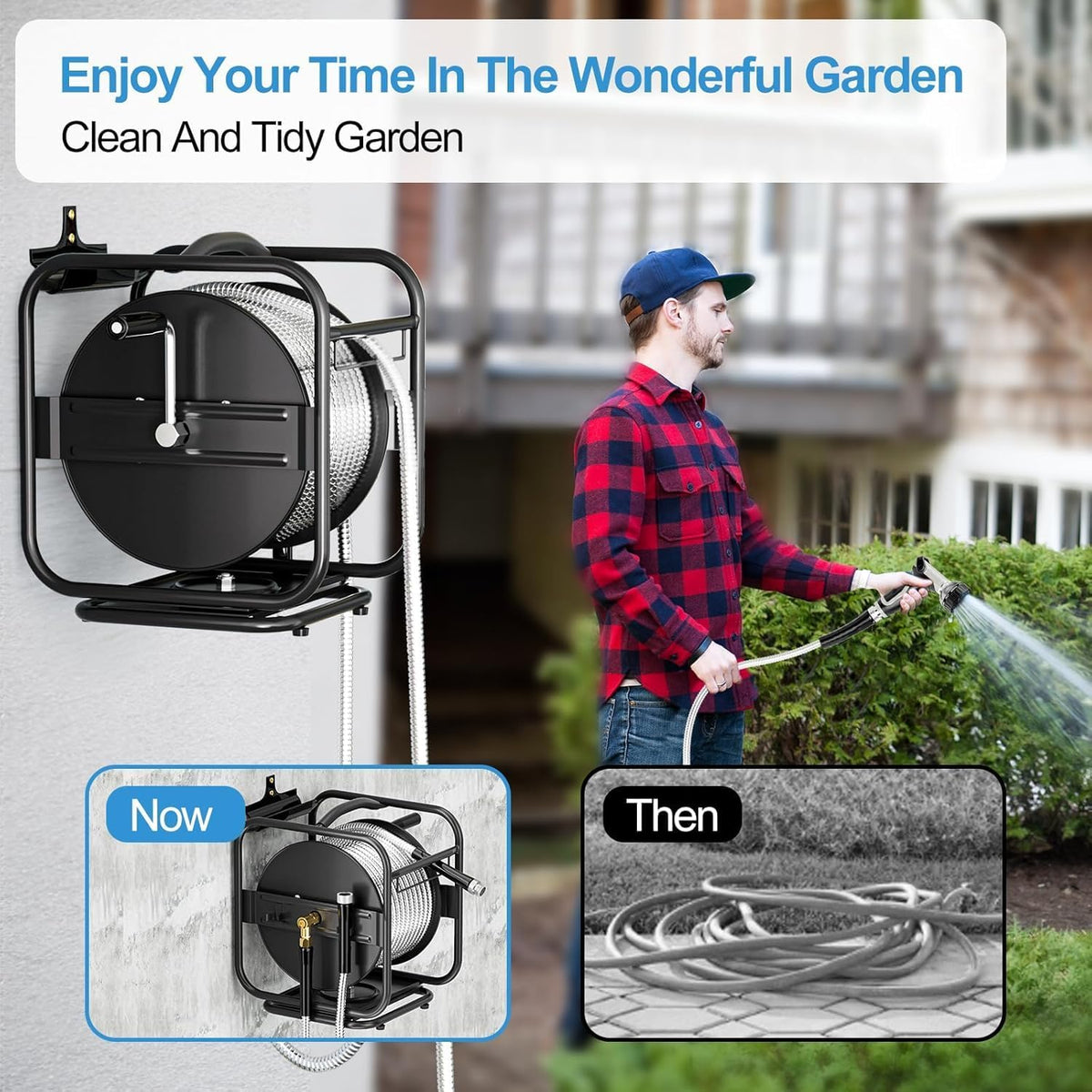 100ft Retractable Garden Hose Reel, Wall Mounted Metal Garden Hose Reel, Heavy Duty Stainless Steel Hose Reel with 9-Pattern Nozzle for Outside, Portable & 360° Rotation Frame