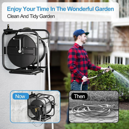 100ft Retractable Garden Hose Reel, Wall Mounted Metal Garden Hose Reel, Heavy Duty Stainless Steel Hose Reel with 9-Pattern Nozzle for Outside, Portable & 360° Rotation Frame
