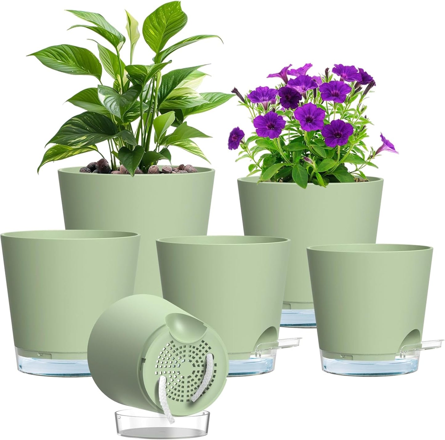 Meowell Self Watering Pots Pack of 6 – Different Size 4" to 7" Indoor Plant Pots with Drainage Holes and Clear Reservoir for Visible Water Level, Plastic Wicking Planters for House Plants, White