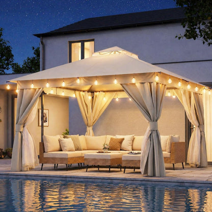 10x20 Gazebo Canopy with 100FT String Lights, Metal Heavy Duty Patio Canopy Tent with Double Roofs, Mosquito Nettings and Privacy Screens for Backyard, Garden, Lawn, Gray