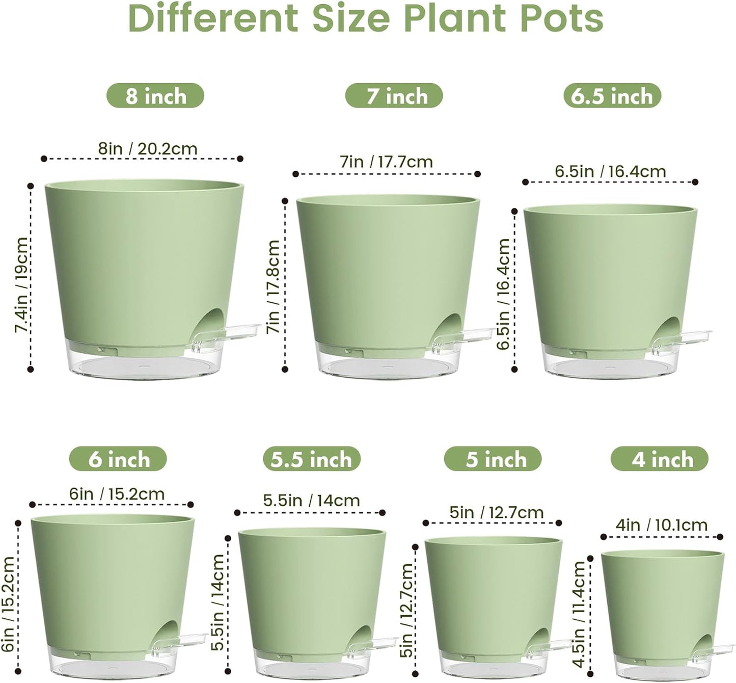 Meowell Self Watering Pots Pack of 6 – Different Size 4" to 7" Indoor Plant Pots with Drainage Holes and Clear Reservoir for Visible Water Level, Plastic Wicking Planters for House Plants, White