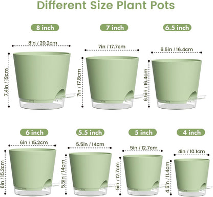 Meowell Self Watering Pots Pack of 6 – Different Size 4" to 7" Indoor Plant Pots with Drainage Holes and Clear Reservoir for Visible Water Level, Plastic Wicking Planters for House Plants, White