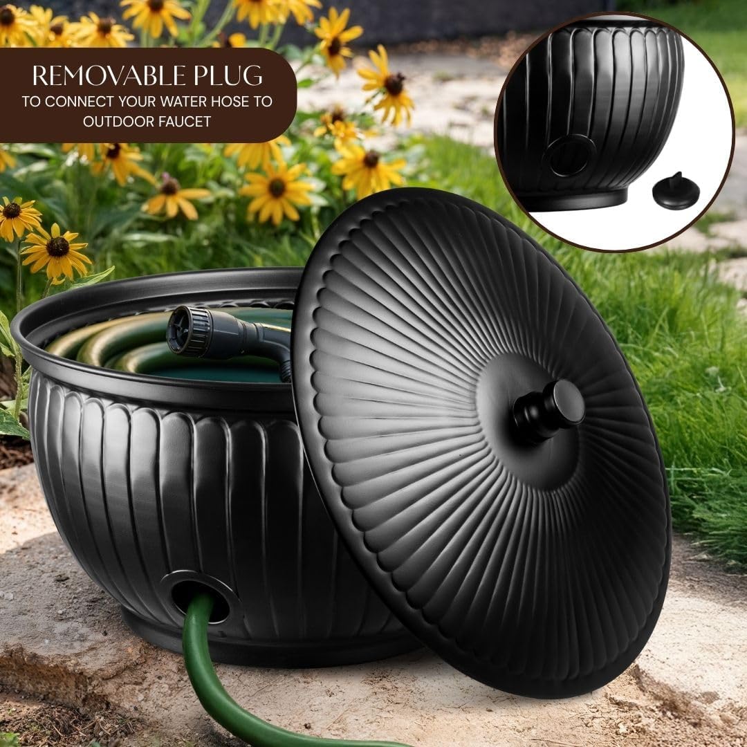 Monarch Abode Garden Hose Holder with Lid – Decorative Water Hose Holders for Outside, Arch Embossed Metal Patina Pot with Drainage, 100ft Waterhose Holder for Outside, Garden Storage Caddy