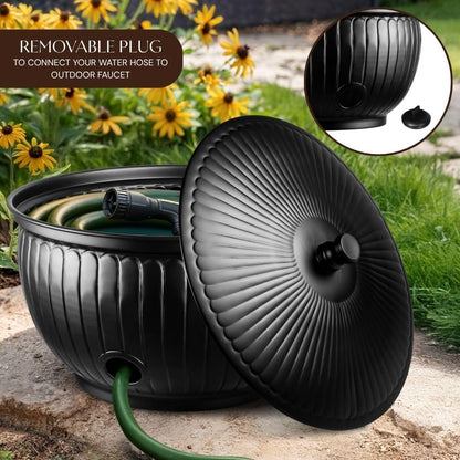Monarch Abode Garden Hose Holder with Lid – Decorative Water Hose Holders for Outside, Arch Embossed Metal Patina Pot with Drainage, 100ft Waterhose Holder for Outside, Garden Storage Caddy