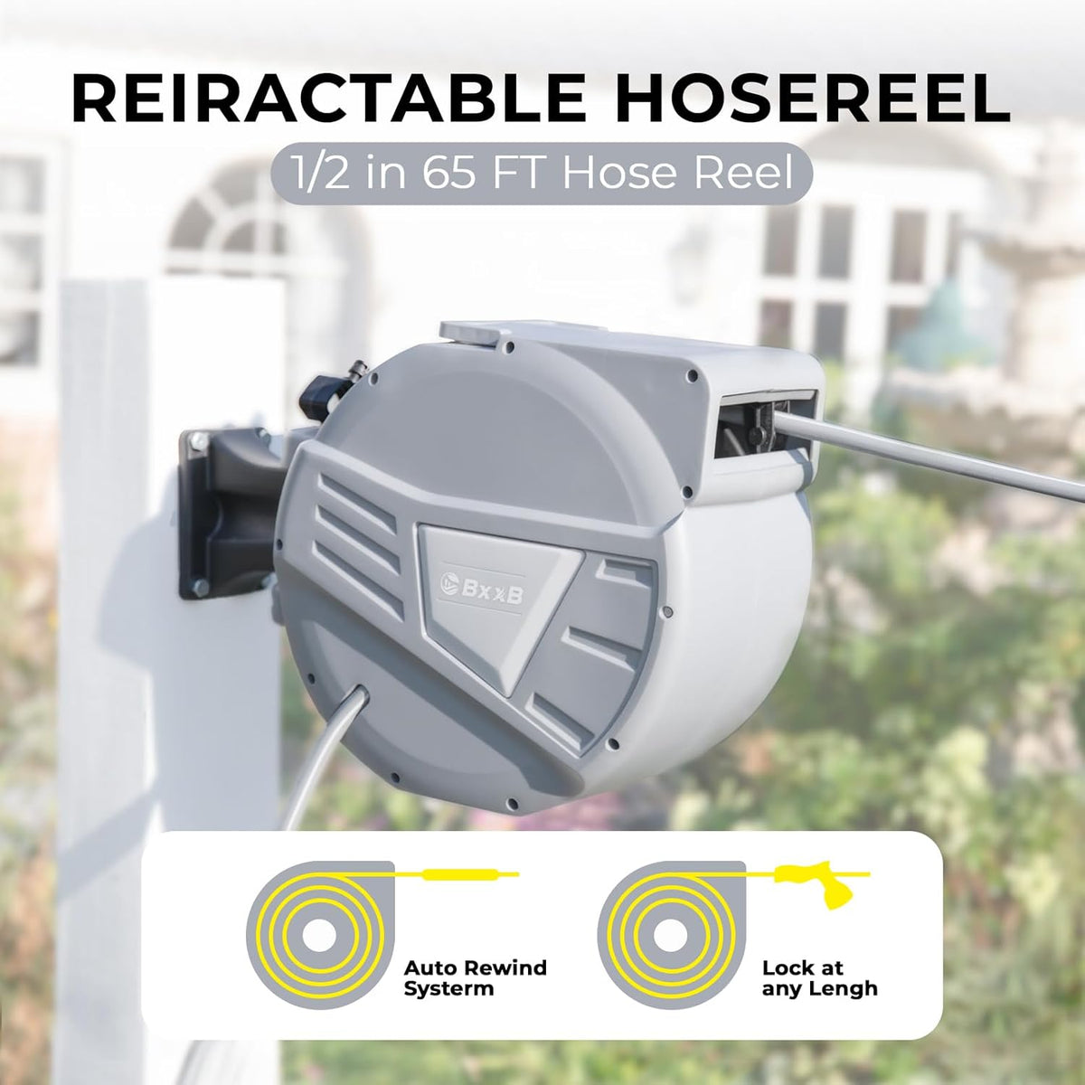 Retractable Garden Hose Reel,1/2 in x 65ft Wall Mounted Hose Reel, Optional Position Lock，Slow-Retract System，Wall Mounted，180°Swivel Bracket，Light Grey