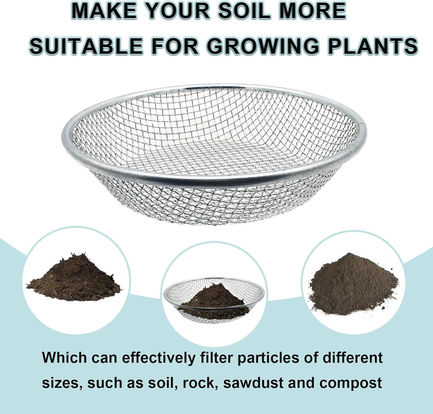 2PCS Soil Sifter for Gardening, Rock Sifter for 5 Gallon Bucket,Compost Sifter Dirt Sifter,Captures Dirt Rocks Sawdust Black Handle Upgrade Version