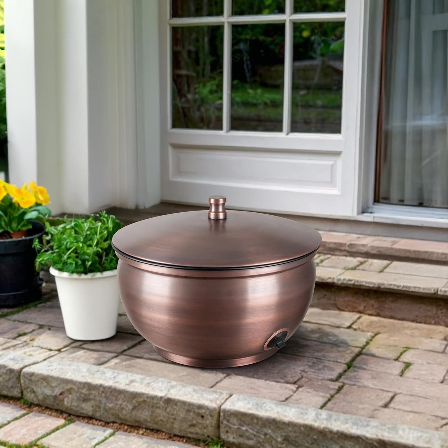 Monarch Abode Garden Hose Holder with Lid – Decorative Water Hose Holders for Outside, Smooth Metal Antique Copper Pot with Drainage, 100ft Waterhose Holder for Outside, Garden Storage Caddy
