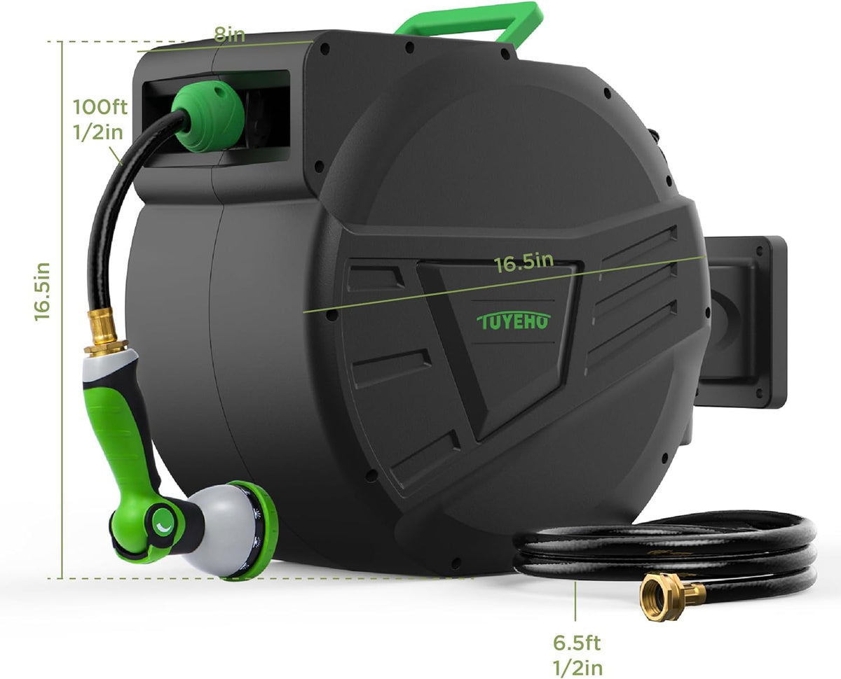 Tuyeho Retractable Garden Hose Reel 100FT, Wall Mount Heavy Duty Water Hose Reels with Automatic Slow Rewind System, Outdoor Hoses Reel with 2 Hose Nozzles for Garden Watering, Car Wash, Pet Shower