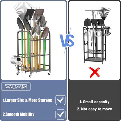 WALMANN Garden Tool Organizer with Wheels for Garage, Large Storage Capacity, Rakes/Shovels/Yard Tools Storage Stand for Shed, Garden, Indoor/Outdoor Long-Handled Tools Rolling Cart