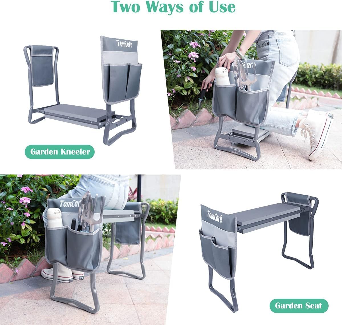 TomCare Garden Kneeler and Seat 10.64” Wider Larger Soft Kneeling Pad Garden Bench with 2 Large Tool Pouches Heavy Duty Garden Stool Foldable Tools Gardening Gifts for Women Men Gardeners