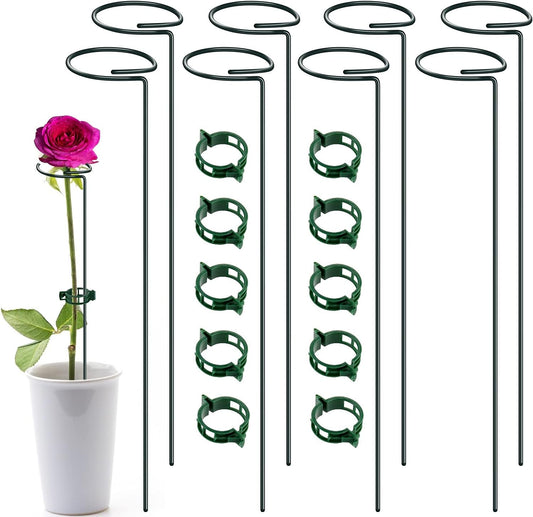 Green Metal Plant Support Stakes with Rings (Pack of 8) and 10 Plant Clips - Garden Single Stem Support Rod Set for Amaryllis, Rose, Tomato Seedling, Sapling