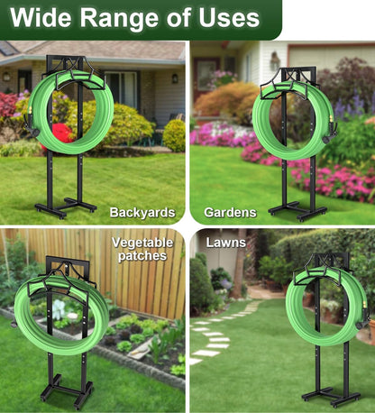 Garbuildman Garden Hose Holder with 3 Spikes, Freestanding Metal Hose Stand for Outdoor Garden, Detachable Hose Storage Rack for Lawn & Yard, Volcano Black