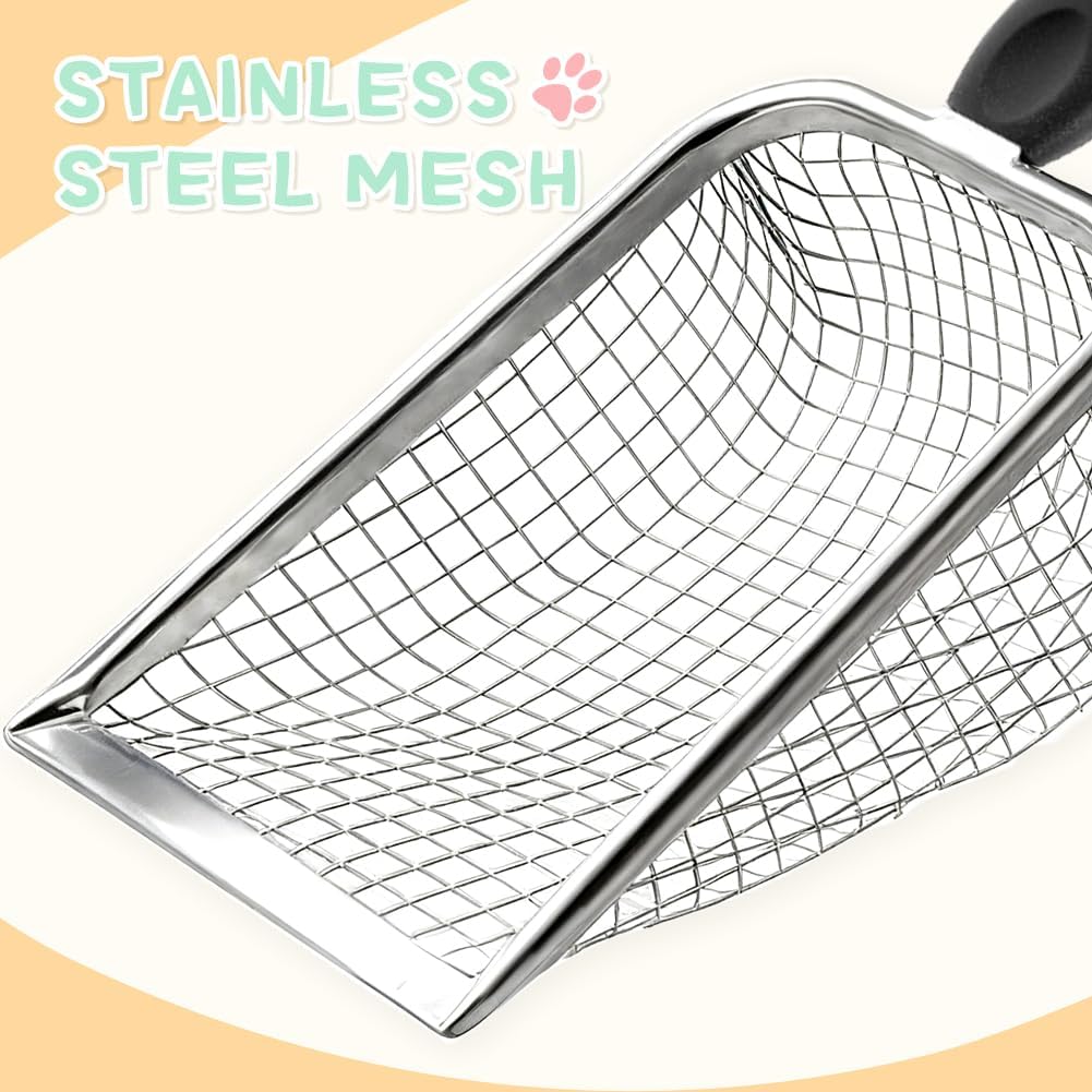 Cat Litter Scoop - Long Handle Scooper, Rustproof Stainless Steel Mesh, Non-Slip Grip, Deep Shovel Sifter for All Litter Types, Easy Clean Kitty Waste Litter for Litter Box(Black)