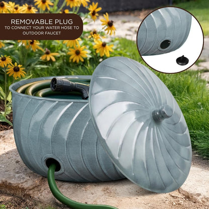 Monarch Abode Garden Hose Holder with Lid – Decorative Water Hose Holders for Outside, Wave Embossed Metal Matte Black Pot with Drainage, 100ft Waterhose Holder for Outside, Garden Storage Caddy