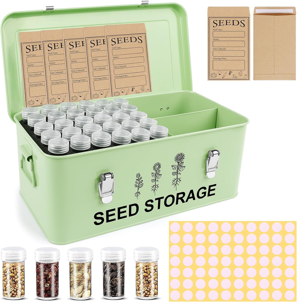 60 Slots Seed Storage Organizer, Metal Seed Saving Box with Lid and Safety Locks, Seeds Storage Container with 60 Seeds Envelopes and 64 Label, 3 Compartments, Perfect for Flower Plants Garden