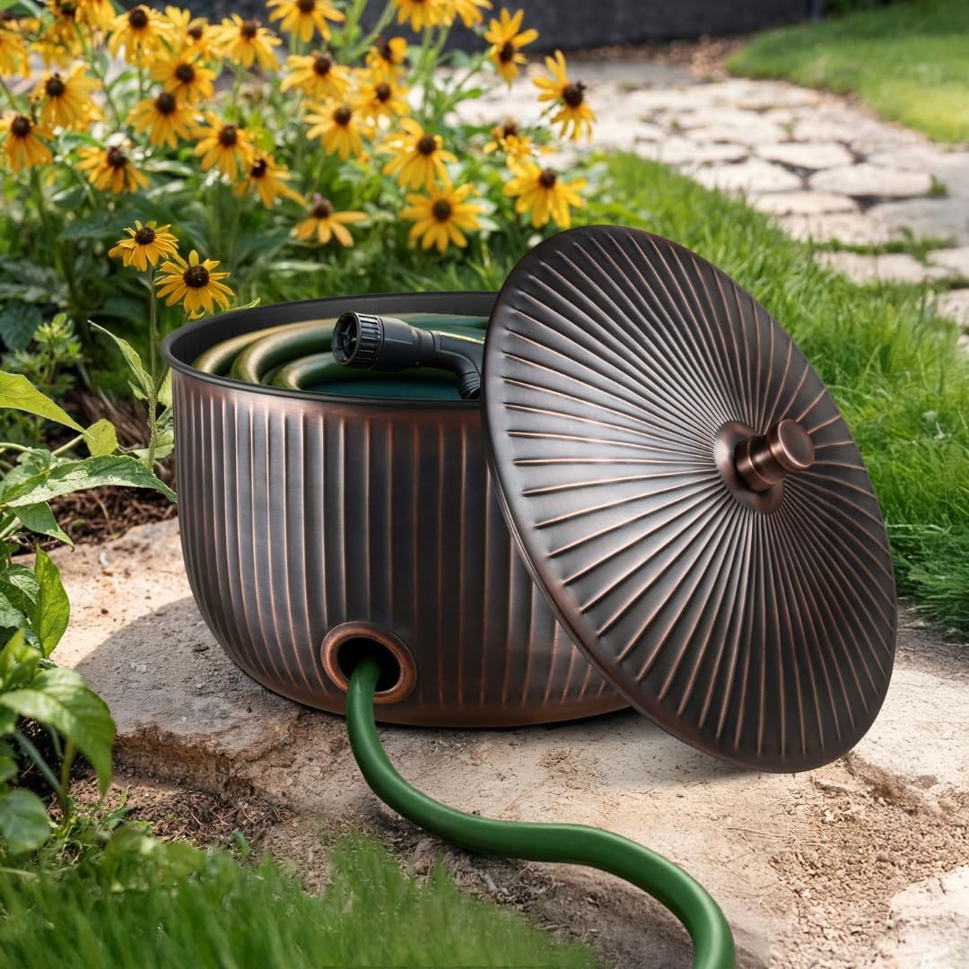 Monarch Abode Garden Hose Holder with Lid – Decorative Water Hose Holders for Outside, Ridge Embossed Metal Matte Black Pot with Drainage, 100ft Waterhose Holder for Outside, Garden Storage Caddy