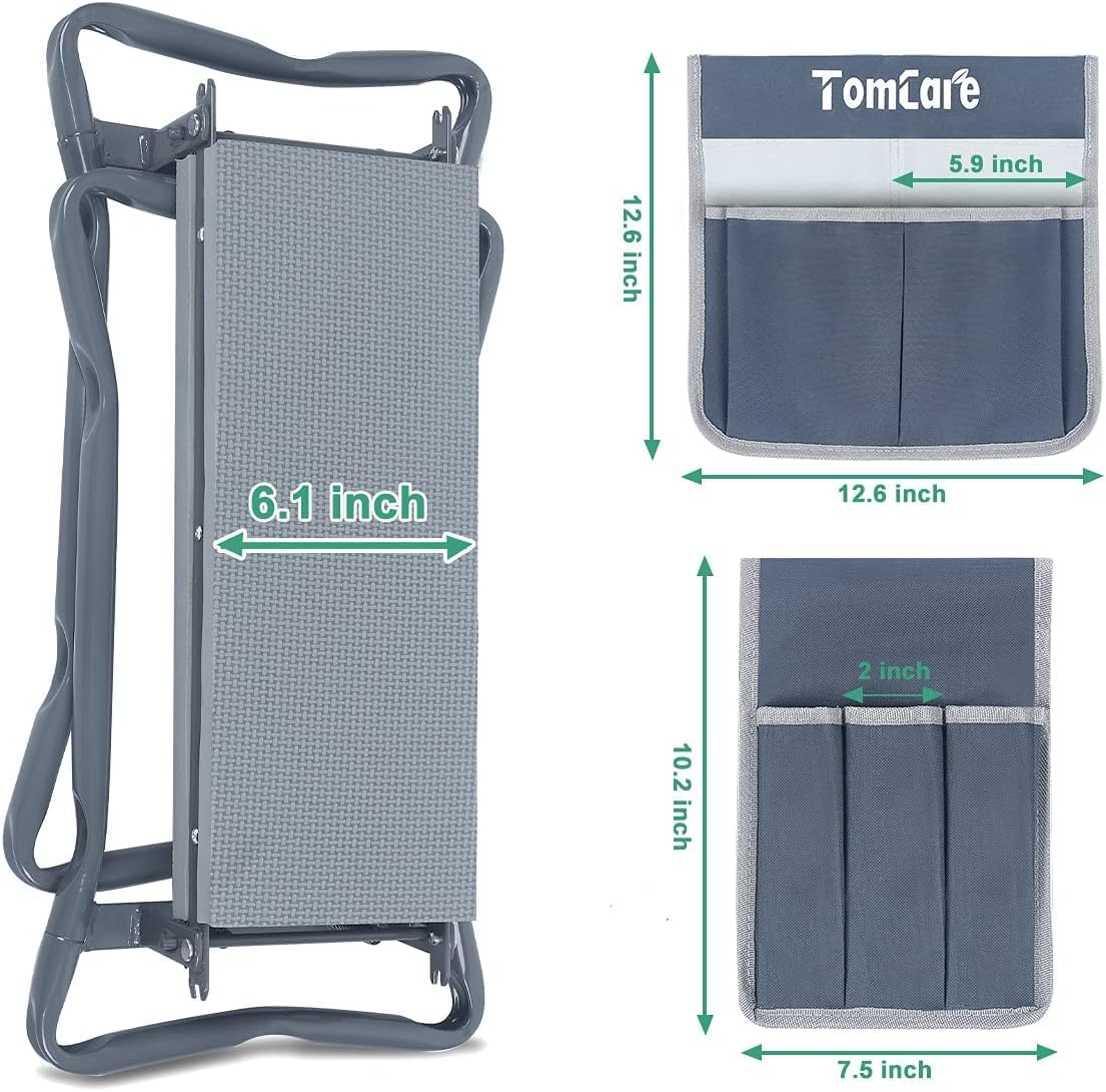TomCare Garden Kneeler and Seat 10.64” Wider Larger Soft Kneeling Pad Garden Bench with 2 Large Tool Pouches Heavy Duty Garden Stool Foldable Tools Gardening Gifts for Women Men Gardeners