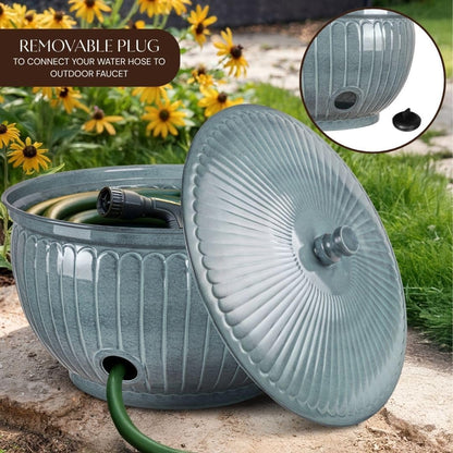 Monarch Abode Garden Hose Holder with Lid – Decorative Water Hose Holders for Outside, Arch Embossed Metal Patina Pot with Drainage, 100ft Waterhose Holder for Outside, Garden Storage Caddy