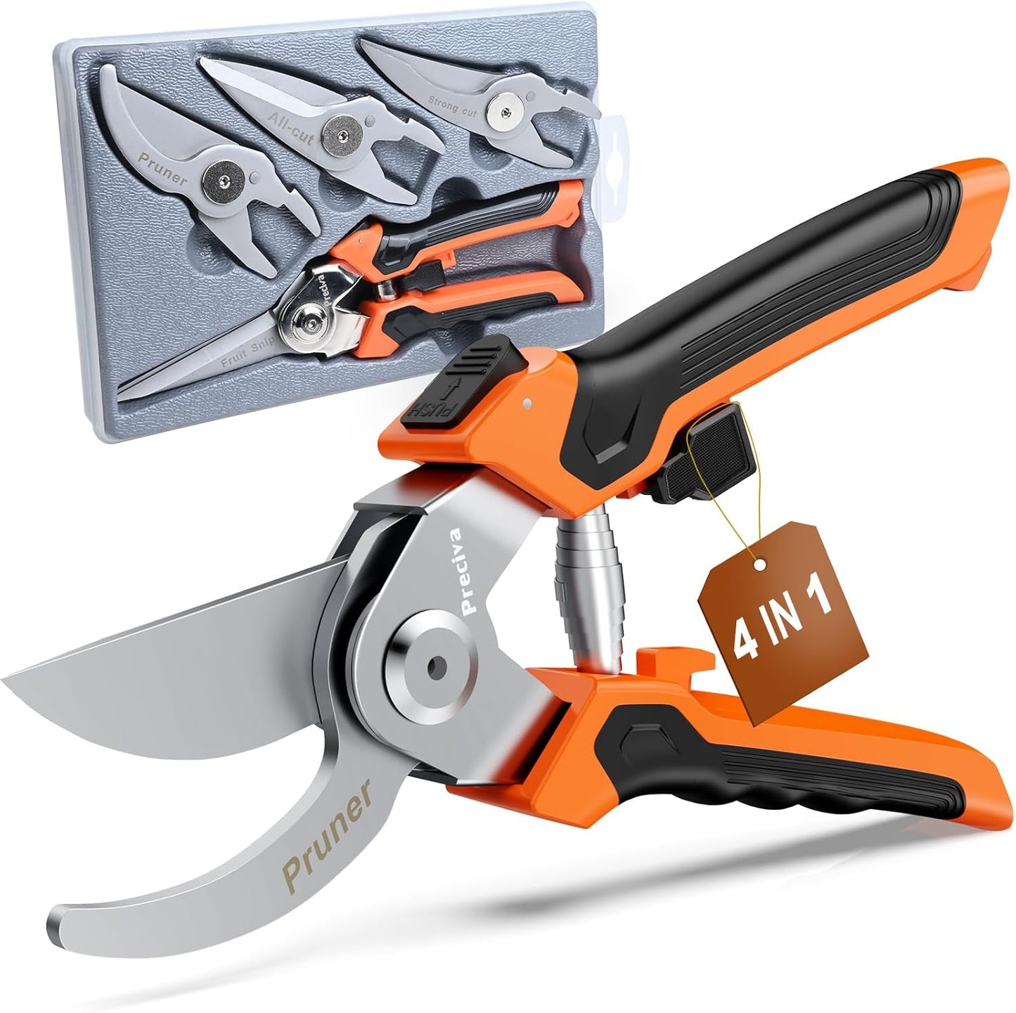 Preciva 4-in-1 Garden Pruning Shears, Gardening Shears with 4 Size Sharp High Carbon Martensitic Stainless Steel Blade, Rustproof, Wear-resistant, Removable, Multi-functional Gardening Tool