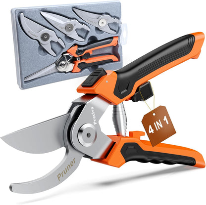 Preciva 4-in-1 Garden Pruning Shears, Gardening Shears with 4 Size Sharp High Carbon Martensitic Stainless Steel Blade, Rustproof, Wear-resistant, Removable, Multi-functional Gardening Tool